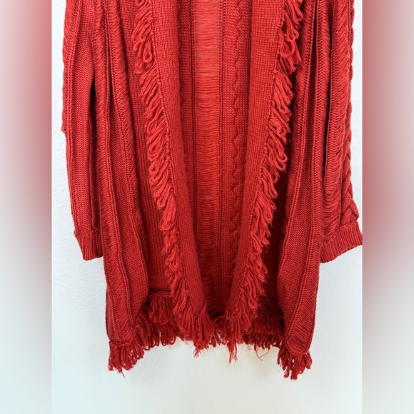 4SI3NNA Red/Orange Fringed Chunky Cable Knit Cardigan Sweater Medium - Picture 3 of 11